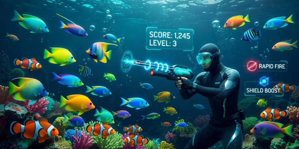 Minh họa khái niệm bắn cá online nh88 với giao diện game sống động và người chơi đang săn cá