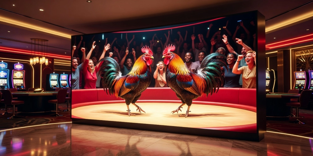Minh họa khái niệm đá gà trực tiếp với hình ảnh trường gà hiện đại và màn hình streaming