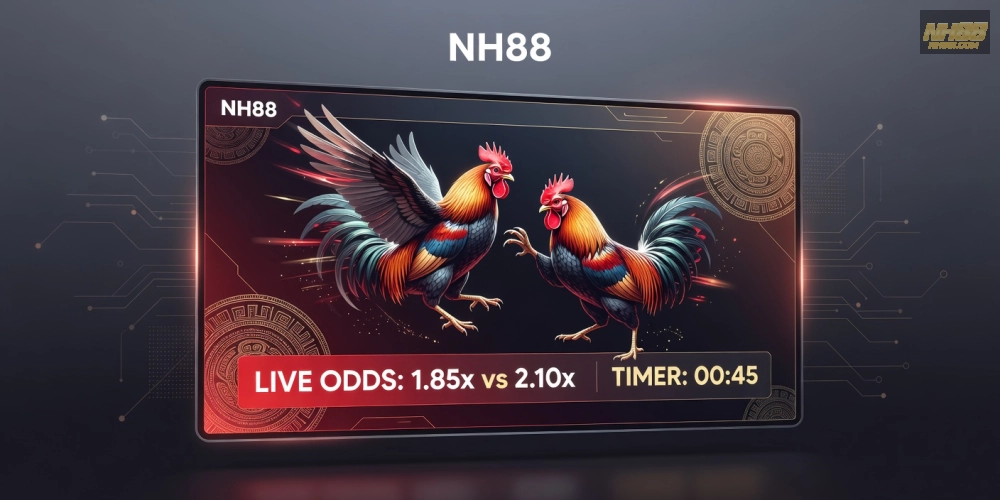 Minh họa khái niệm đá gà trực tuyến nh88 với giao diện nền tảng hiện đại và trận đấu sống động
