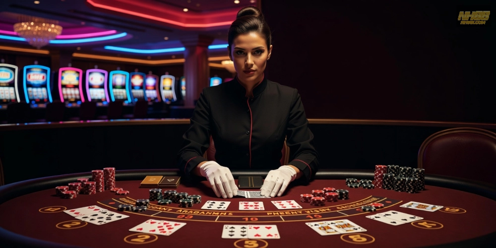Khái niệm baccarat live casino nh88 được minh họa qua giao diện dealer thực tế và bàn chơi chuyên nghiệp