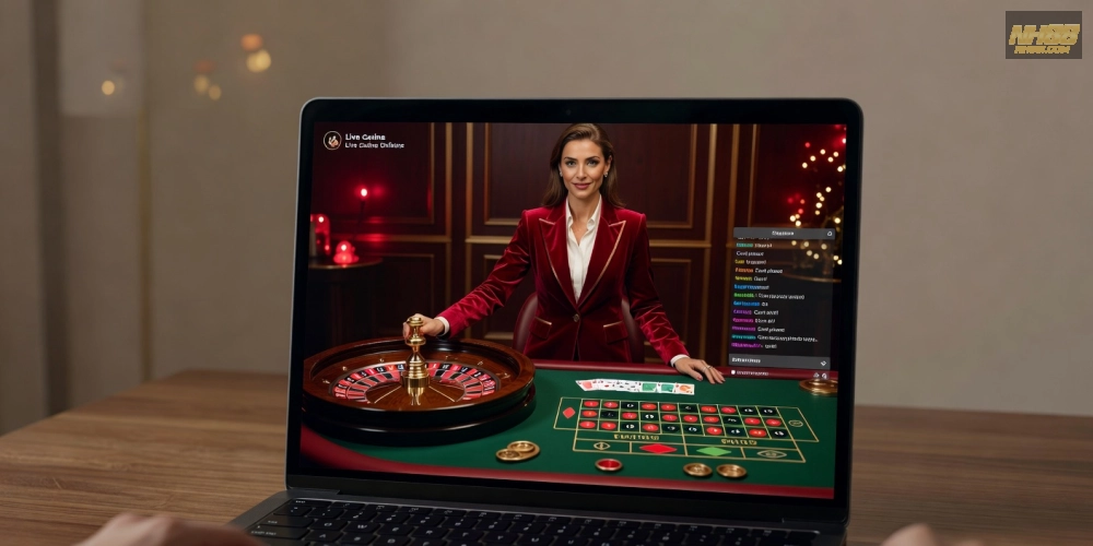 Minh họa khái niệm live casino online nh88 với dealer chuyên nghiệp và bàn chơi hấp dẫn