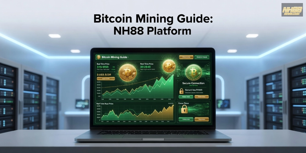 Minh họa khái niệm hướng dẫn đào Bitcoin trên nền tảng NH88 với giao diện hiện đại