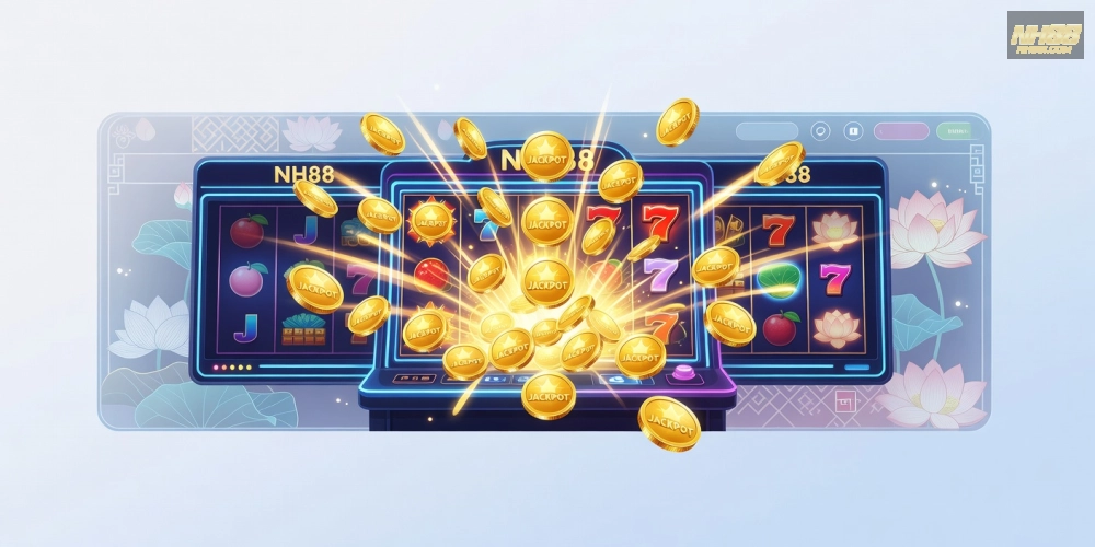 Khái niệm nổ hũ trên nền tảng NH88 được minh họa rõ ràng với biểu tượng jackpot sáng rực