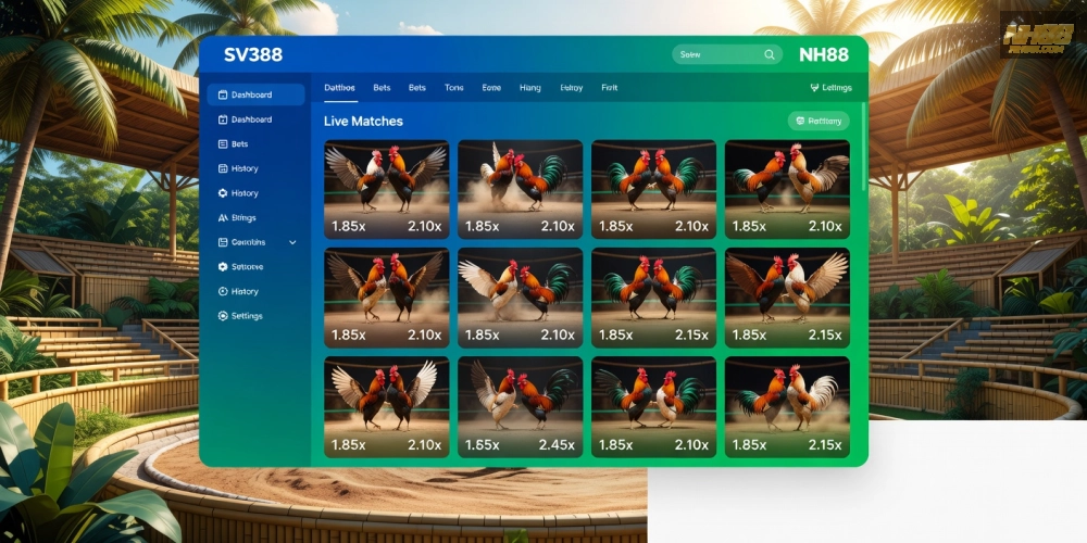 Giao diện trang web đá gà SV388 tích hợp trên nền tảng NH88 với các trận đấu nổi bật