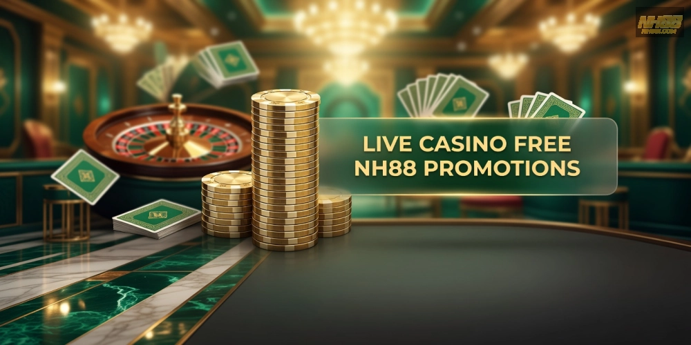 Hình ảnh ưu đãi hấp dẫn của live casino free nh88 với banner khuyến mãi và chip vàng