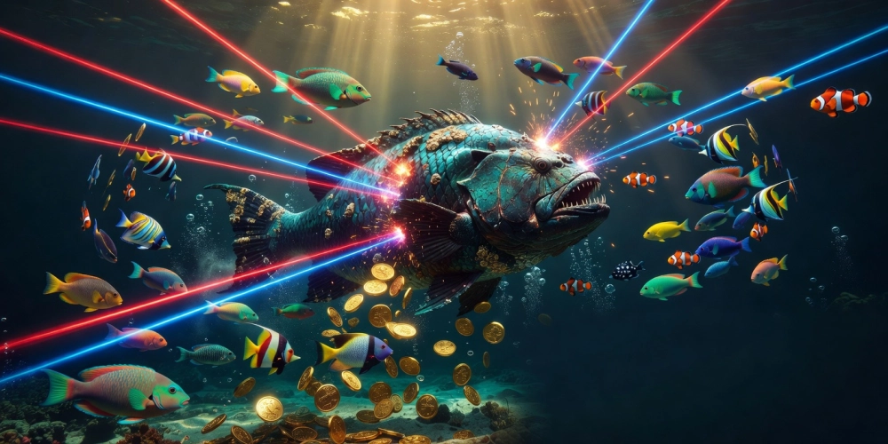 Hình ảnh gameplay Vua Biển Sâu NH88 với boss cá khổng lồ và hiệu ứng nổ hũ